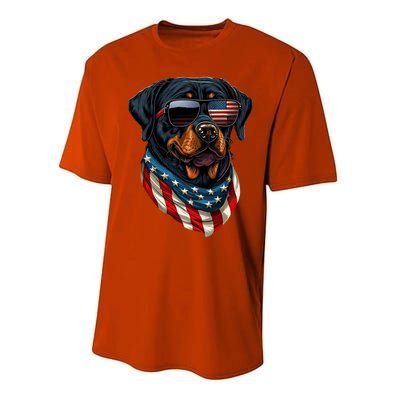 Rottweiler 4th Of July American Flag Glasses Stay Cool Performance Sprint T-Shirt