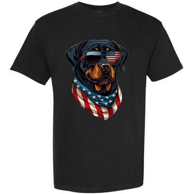 Rottweiler 4th Of July American Flag Glasses Stay Cool Garment-Dyed Heavyweight T-Shirt