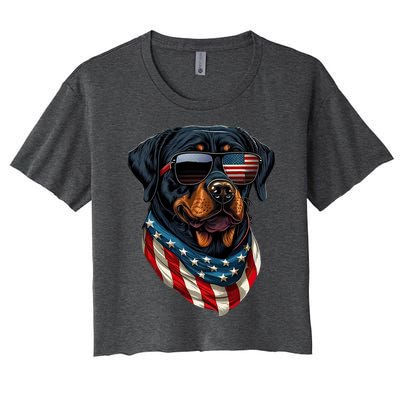 Rottweiler 4th Of July American Flag Glasses Stay Cool Women's Crop Top Tee