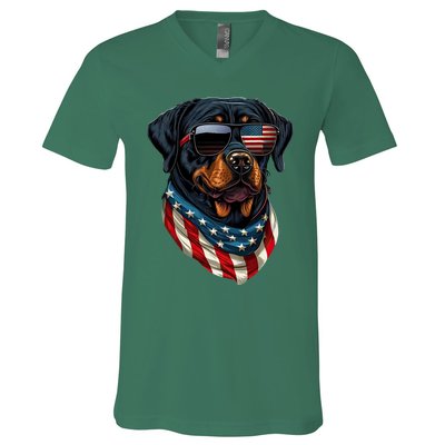 Rottweiler 4th Of July American Flag Glasses Stay Cool V-Neck T-Shirt