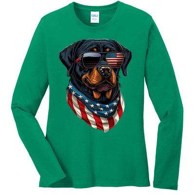 Rottweiler 4th Of July American Flag Glasses Stay Cool Ladies Long Sleeve Shirt