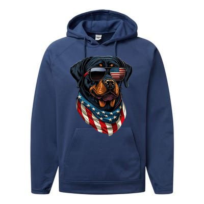 Rottweiler 4th Of July American Flag Glasses Stay Cool Performance Fleece Hoodie