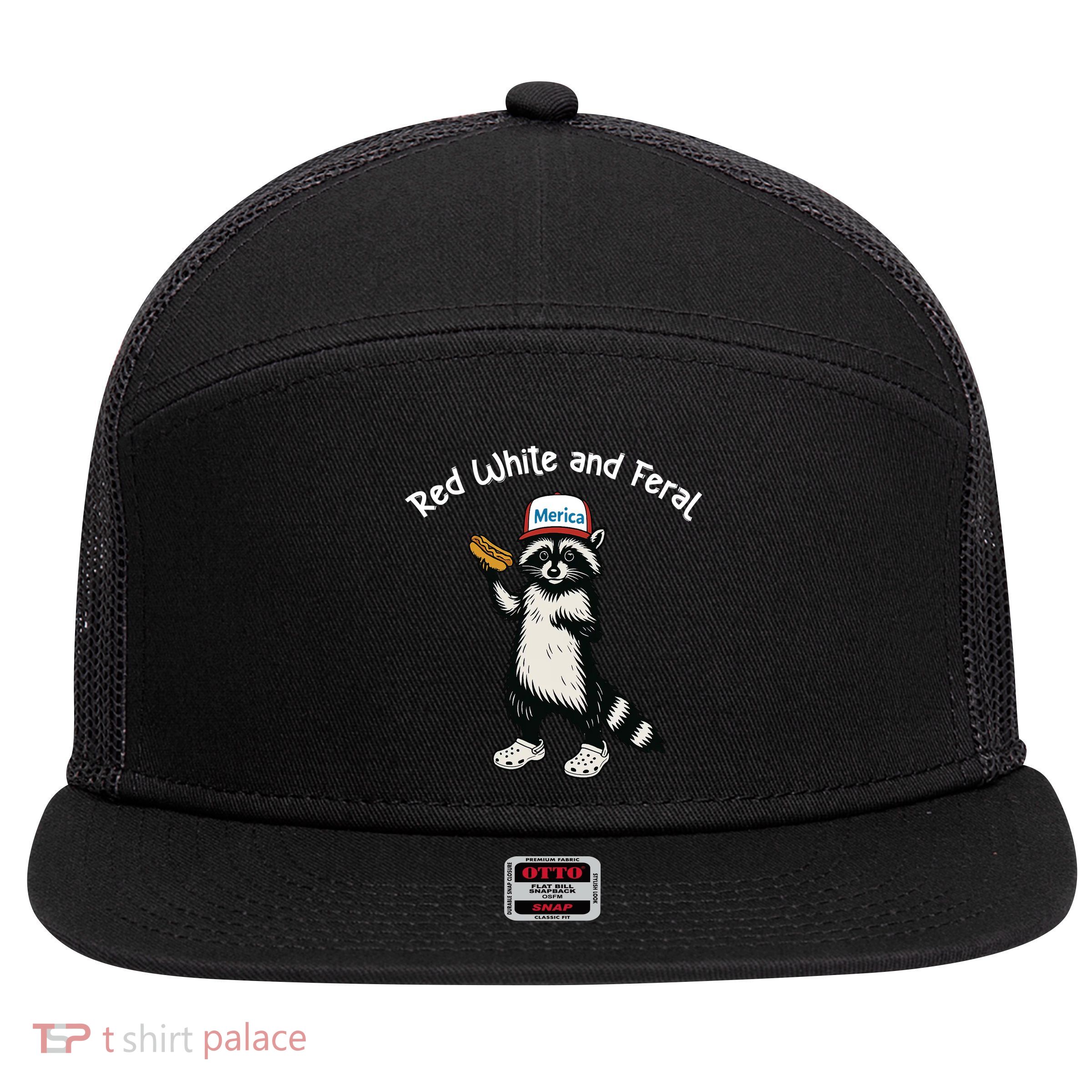 Raccoon 4th Of July Patriotic Funny Cute Red White And Feral 7 Panel Mesh Trucker Snapback Hat