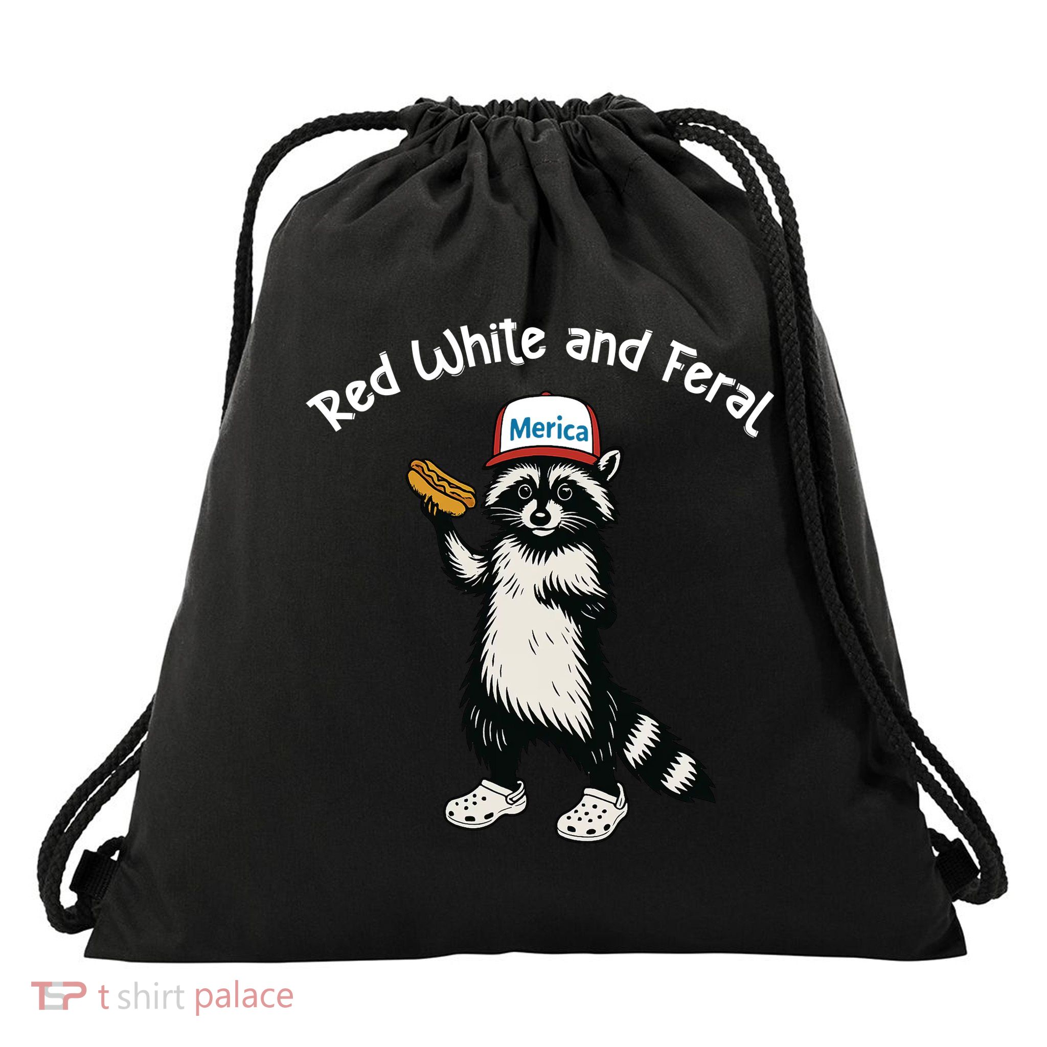 Raccoon 4th Of July Patriotic Funny Cute Red White And Feral Drawstring Bag
