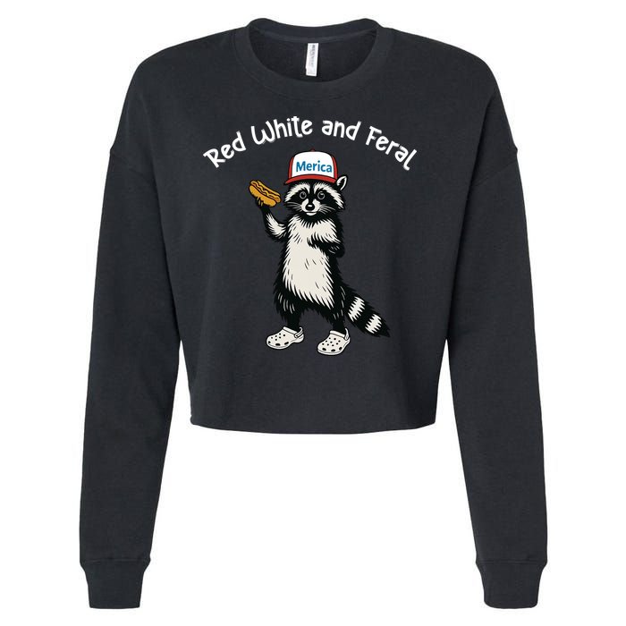 Raccoon 4th Of July Patriotic Funny Cute Red White And Feral Cropped Pullover Crew