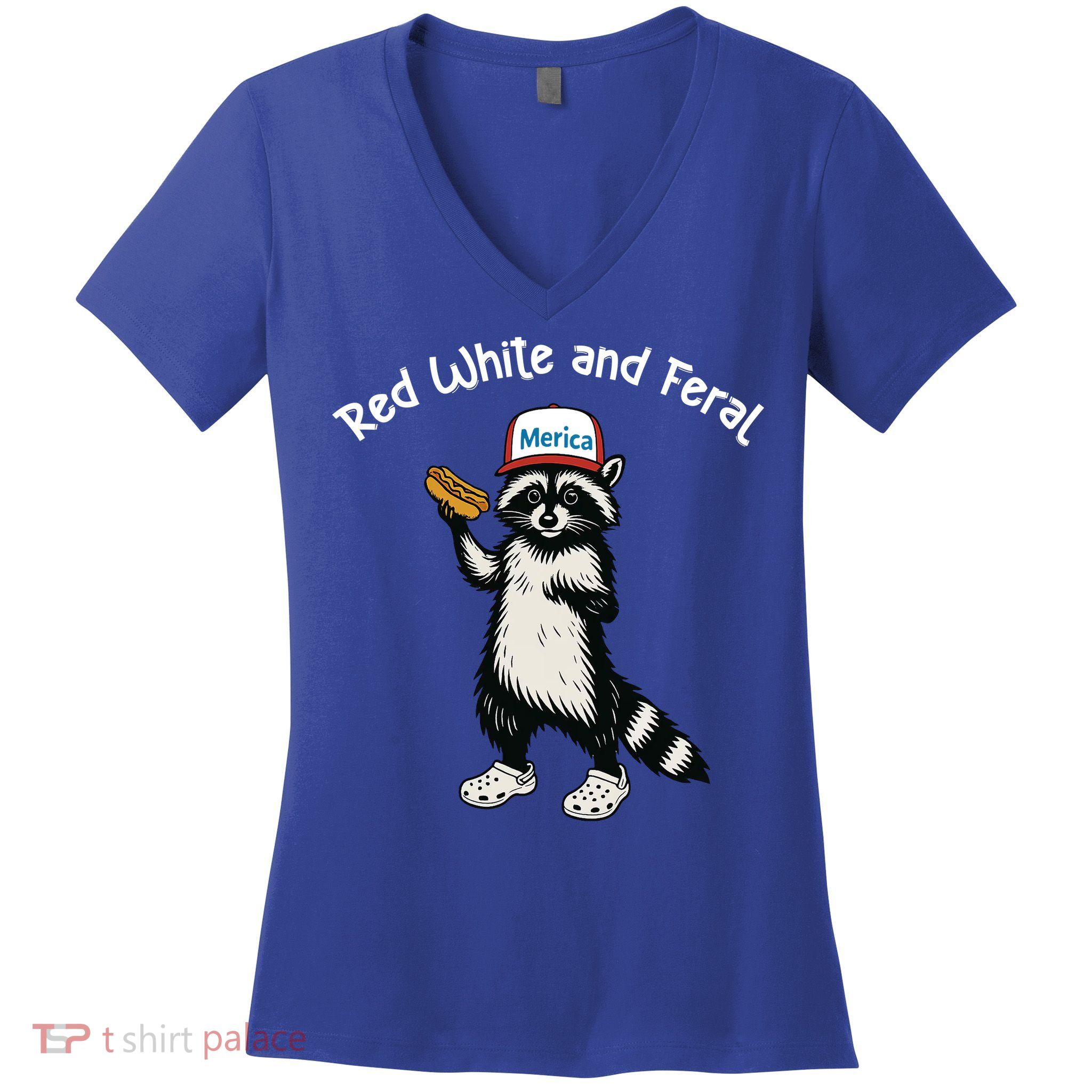Raccoon 4th Of July Patriotic Funny Cute Red White And Feral Women's V-Neck T-Shirt
