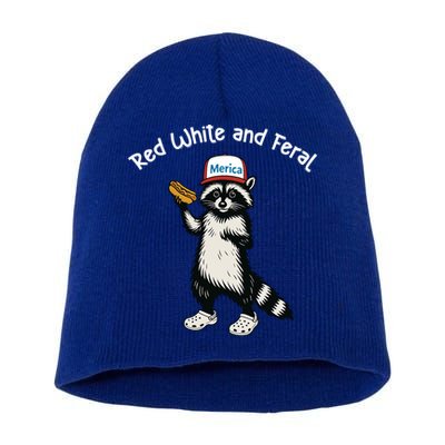 Raccoon 4th Of July Patriotic Funny Cute Red White And Feral Short Acrylic Beanie