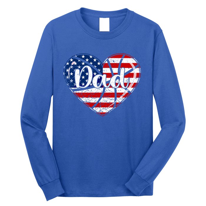 Retro 4th Of July Patriotic Basketball Dad Usa Flag Heart Great Gift Long Sleeve Shirt