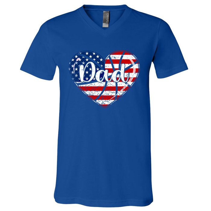 Retro 4th Of July Patriotic Basketball Dad Usa Flag Heart Great Gift V-Neck T-Shirt