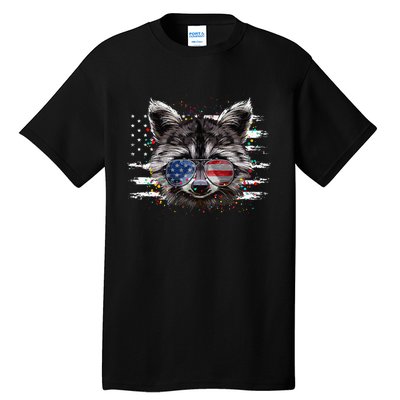 Raccoon 4th Of July Sunglasses Patriotic USA Flag Tall T-Shirt