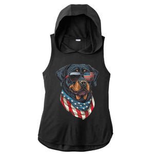 Rottweiler 4th Of July American Flag Glasses Stay Cool Ladies PosiCharge Tri-Blend Wicking Draft Hoodie Tank