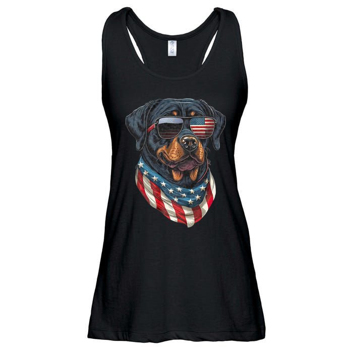 Rottweiler 4th Of July American Flag Glasses Stay Cool Ladies Essential Flowy Tank