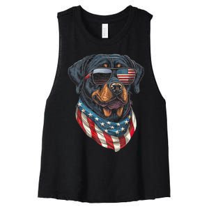 Rottweiler 4th Of July American Flag Glasses Stay Cool Women's Racerback Cropped Tank