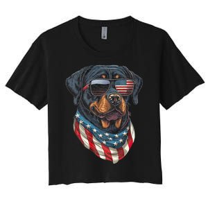 Rottweiler 4th Of July American Flag Glasses Stay Cool Women's Crop Top Tee