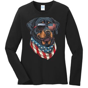 Rottweiler 4th Of July American Flag Glasses Stay Cool Ladies Long Sleeve Shirt