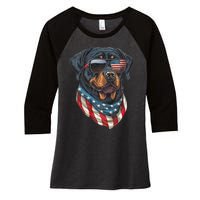 Rottweiler 4th Of July American Flag Glasses Stay Cool Women's Tri-Blend 3/4-Sleeve Raglan Shirt