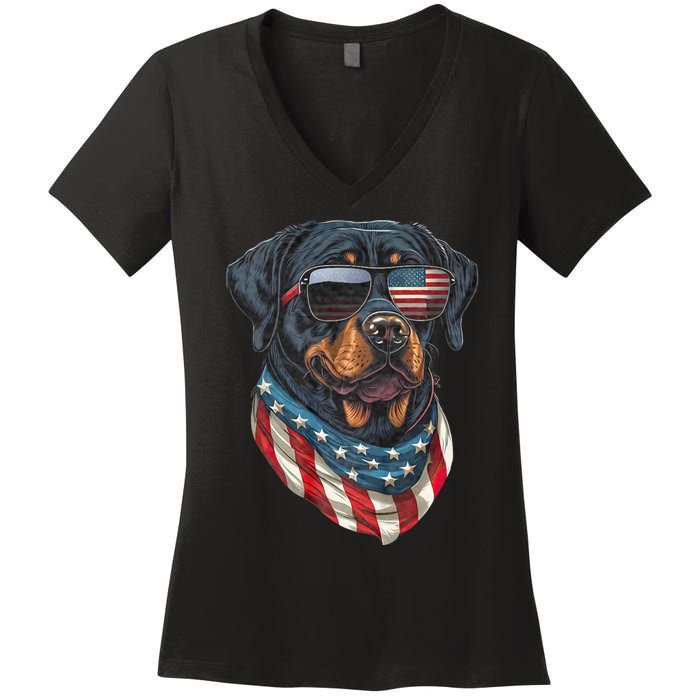 Rottweiler 4th Of July American Flag Glasses Stay Cool Women's V-Neck T-Shirt