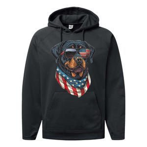 Rottweiler 4th Of July American Flag Glasses Stay Cool Performance Fleece Hoodie