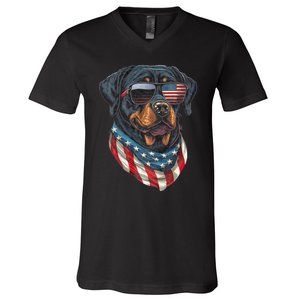 Rottweiler 4th Of July American Flag Glasses Stay Cool V-Neck T-Shirt