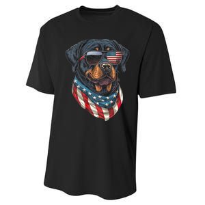 Rottweiler 4th Of July American Flag Glasses Stay Cool Performance Sprint T-Shirt