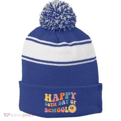 Retro 50 days of school 50th day of school Groovy Stripe Pom Pom Beanie