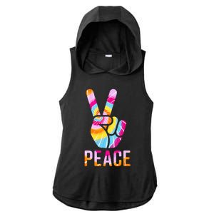 Retro 60’s 70’s Tie Dye Peace V Hand Sign Hippie Graphic Ladies PosiCharge Tri-Blend Wicking Draft Hoodie Tank