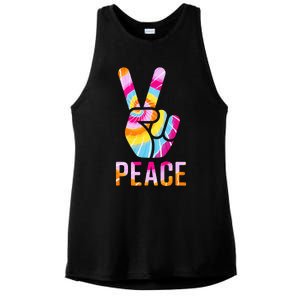 Retro 60’s 70’s Tie Dye Peace V Hand Sign Hippie Graphic Ladies PosiCharge Tri-Blend Wicking Tank