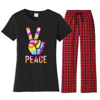 Retro 60’s 70’s Tie Dye Peace V Hand Sign Hippie Graphic Women's Flannel Pajama Set