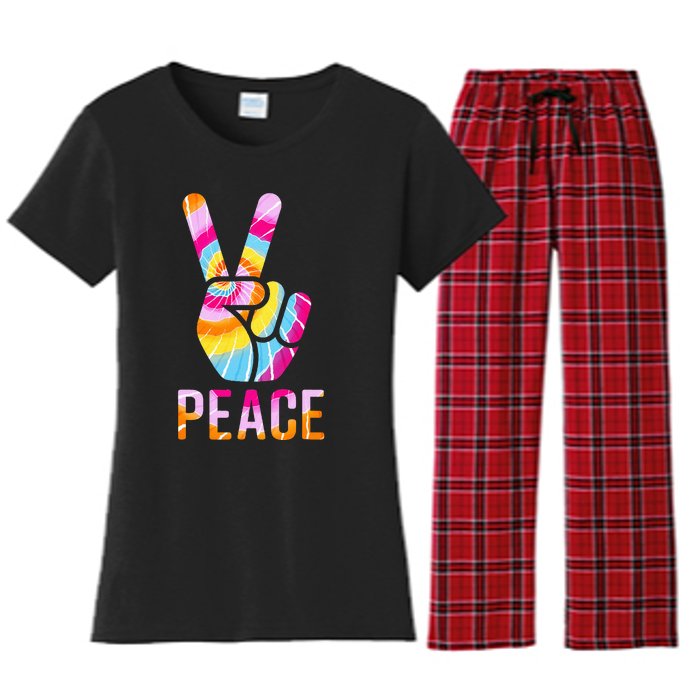 Retro 60’s 70’s Tie Dye Peace V Hand Sign Hippie Graphic Women's Flannel Pajama Set