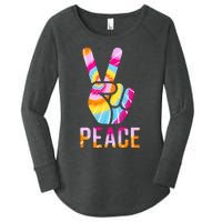 Retro 60’s 70’s Tie Dye Peace V Hand Sign Hippie Graphic Women's Perfect Tri Tunic Long Sleeve Shirt