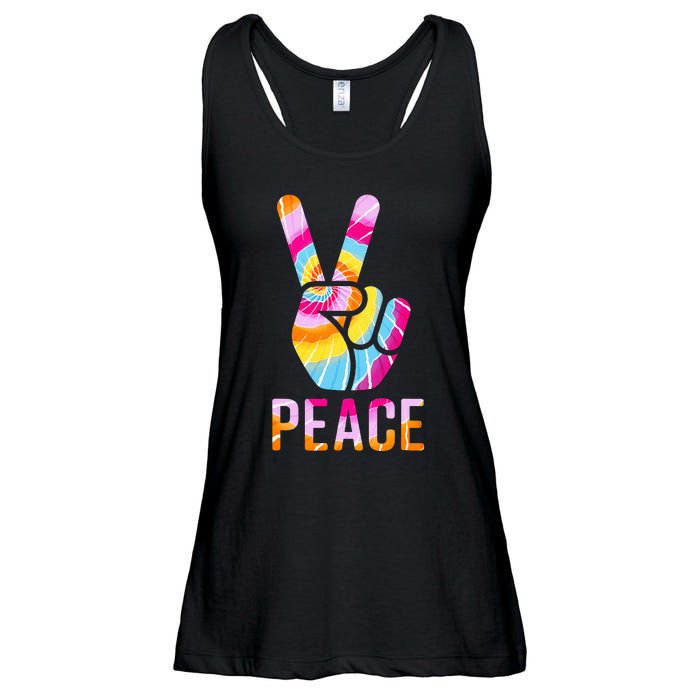 Retro 60’s 70’s Tie Dye Peace V Hand Sign Hippie Graphic Ladies Essential Flowy Tank