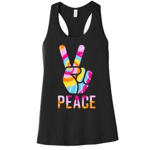 Retro 60’s 70’s Tie Dye Peace V Hand Sign Hippie Graphic Women's Racerback Tank