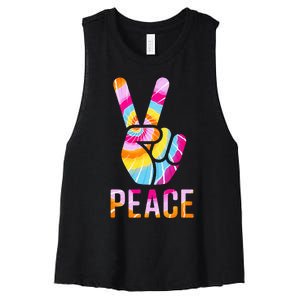 Retro 60’s 70’s Tie Dye Peace V Hand Sign Hippie Graphic Women's Racerback Cropped Tank