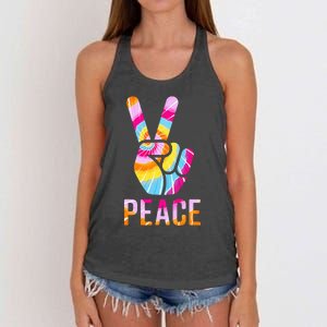 Retro 60’s 70’s Tie Dye Peace V Hand Sign Hippie Graphic Women's Knotted Racerback Tank