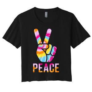 Retro 60’s 70’s Tie Dye Peace V Hand Sign Hippie Graphic Women's Crop Top Tee