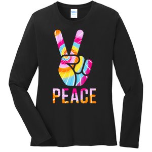 Retro 60’s 70’s Tie Dye Peace V Hand Sign Hippie Graphic Ladies Long Sleeve Shirt