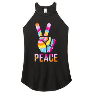 Retro 60’s 70’s Tie Dye Peace V Hand Sign Hippie Graphic Women's Perfect Tri Rocker Tank