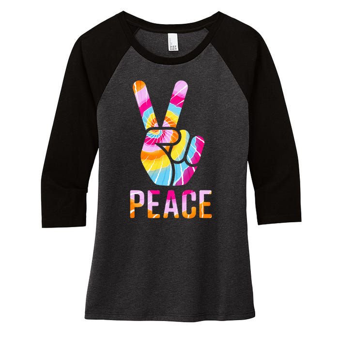 Retro 60’s 70’s Tie Dye Peace V Hand Sign Hippie Graphic Women's Tri-Blend 3/4-Sleeve Raglan Shirt