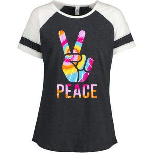 Retro 60’s 70’s Tie Dye Peace V Hand Sign Hippie Graphic Enza Ladies Jersey Colorblock Tee