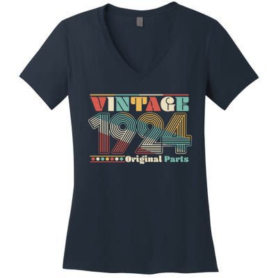 Retro 60s 70s Style Vintage 1924 Original Parts 100th Birthday Women's V-Neck T-Shirt