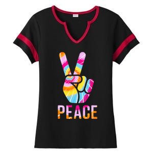 Retro 60’s 70’s Tie Dye Peace V Hand Sign Hippie Graphic Ladies Halftime Notch Neck Tee