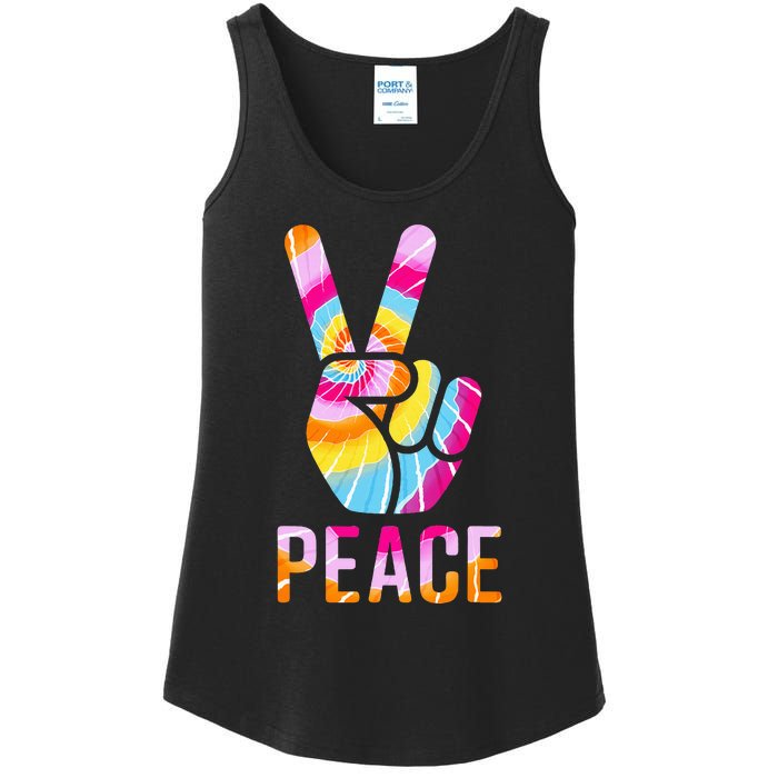 Retro 60’s 70’s Tie Dye Peace V Hand Sign Hippie Graphic Ladies Essential Tank