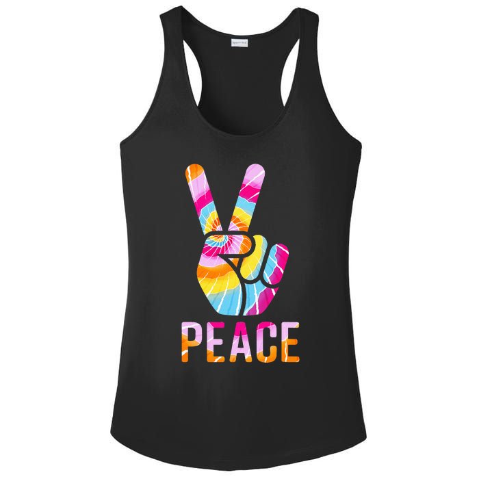 Retro 60’s 70’s Tie Dye Peace V Hand Sign Hippie Graphic Ladies PosiCharge Competitor Racerback Tank