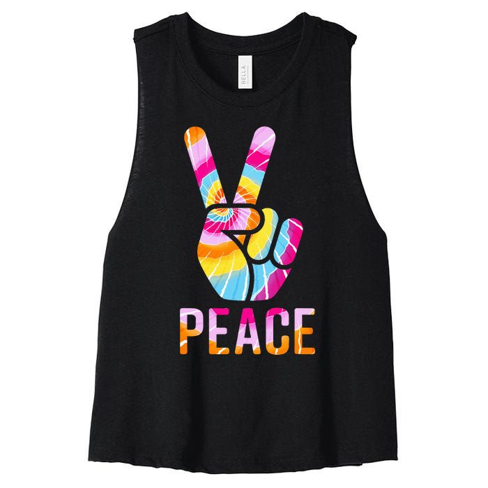 Retro 60’s 70’s Tie Dye Peace V Hand Sign Hippie Graphic Women's Racerback Cropped Tank