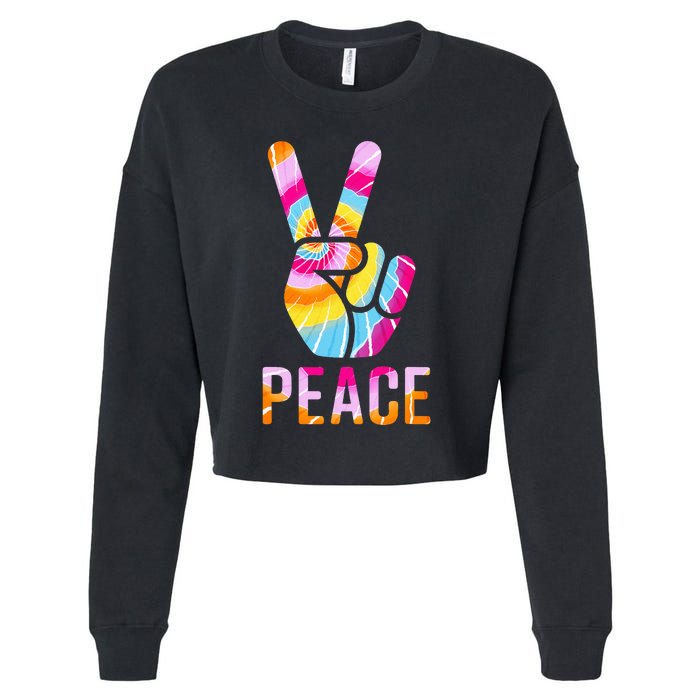 Retro 60’s 70’s Tie Dye Peace V Hand Sign Hippie Graphic Cropped Pullover Crew