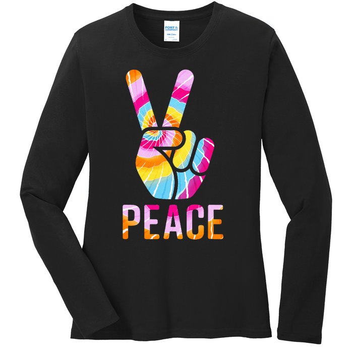 Retro 60’s 70’s Tie Dye Peace V Hand Sign Hippie Graphic Ladies Long Sleeve Shirt