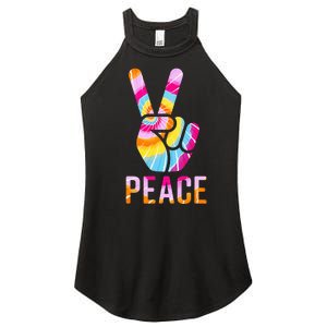 Retro 60’s 70’s Tie Dye Peace V Hand Sign Hippie Graphic Women's Perfect Tri Rocker Tank