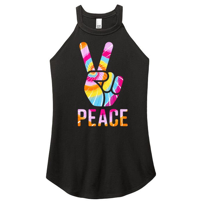 Retro 60’s 70’s Tie Dye Peace V Hand Sign Hippie Graphic Women's Perfect Tri Rocker Tank