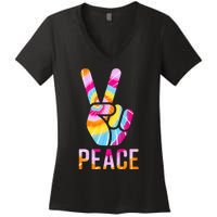 Retro 60’s 70’s Tie Dye Peace V Hand Sign Hippie Graphic Women's V-Neck T-Shirt