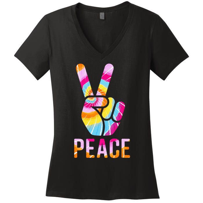 Retro 60’s 70’s Tie Dye Peace V Hand Sign Hippie Graphic Women's V-Neck T-Shirt